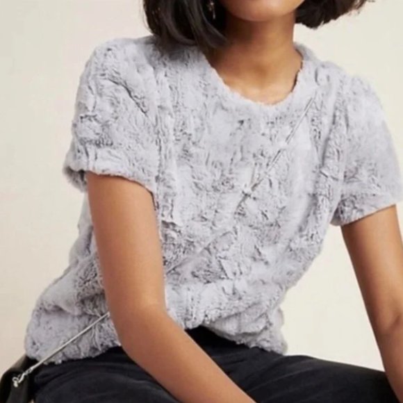 Anthropologie LEIFSDOTTIR Grey Faux Fur Fuzzy Short Sleeve Top - Picture 2 of 5